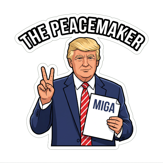 Trump holding a MIGA document — The Peacemaker