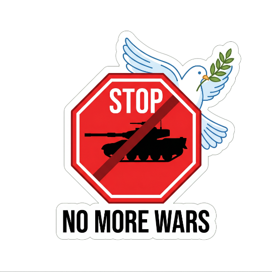 Stop sign over a tank with a peace dove — No More Wars